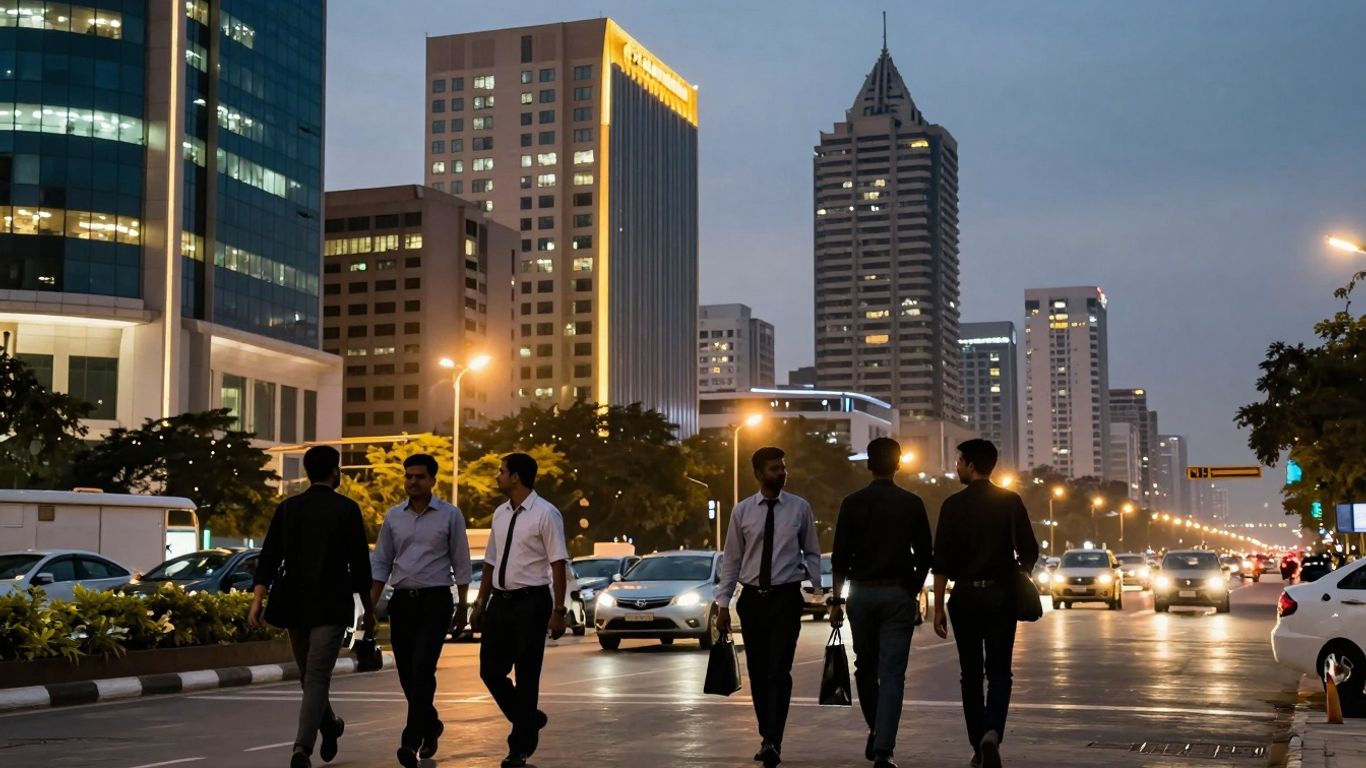 Bangalore cityscape at dusk with glowing buildings and professionals.