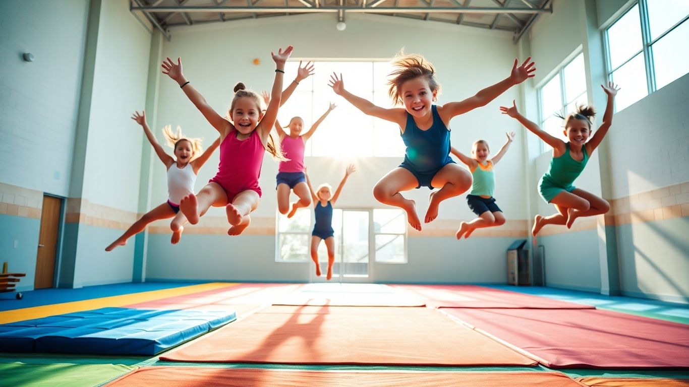 Young gymnasts performing flips and leaps in a bright gym.