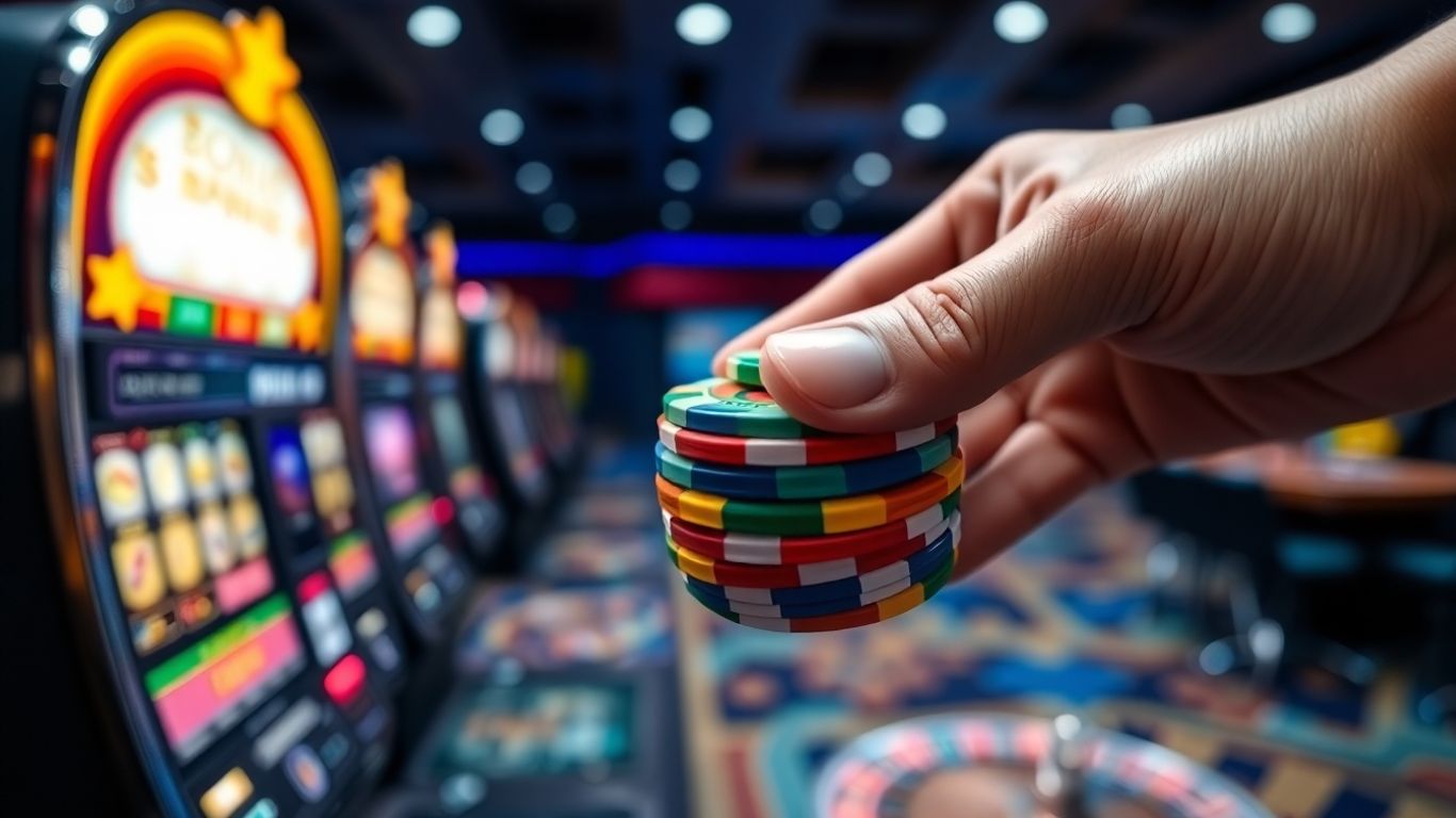 Casino chips and blurred gambling machines background.