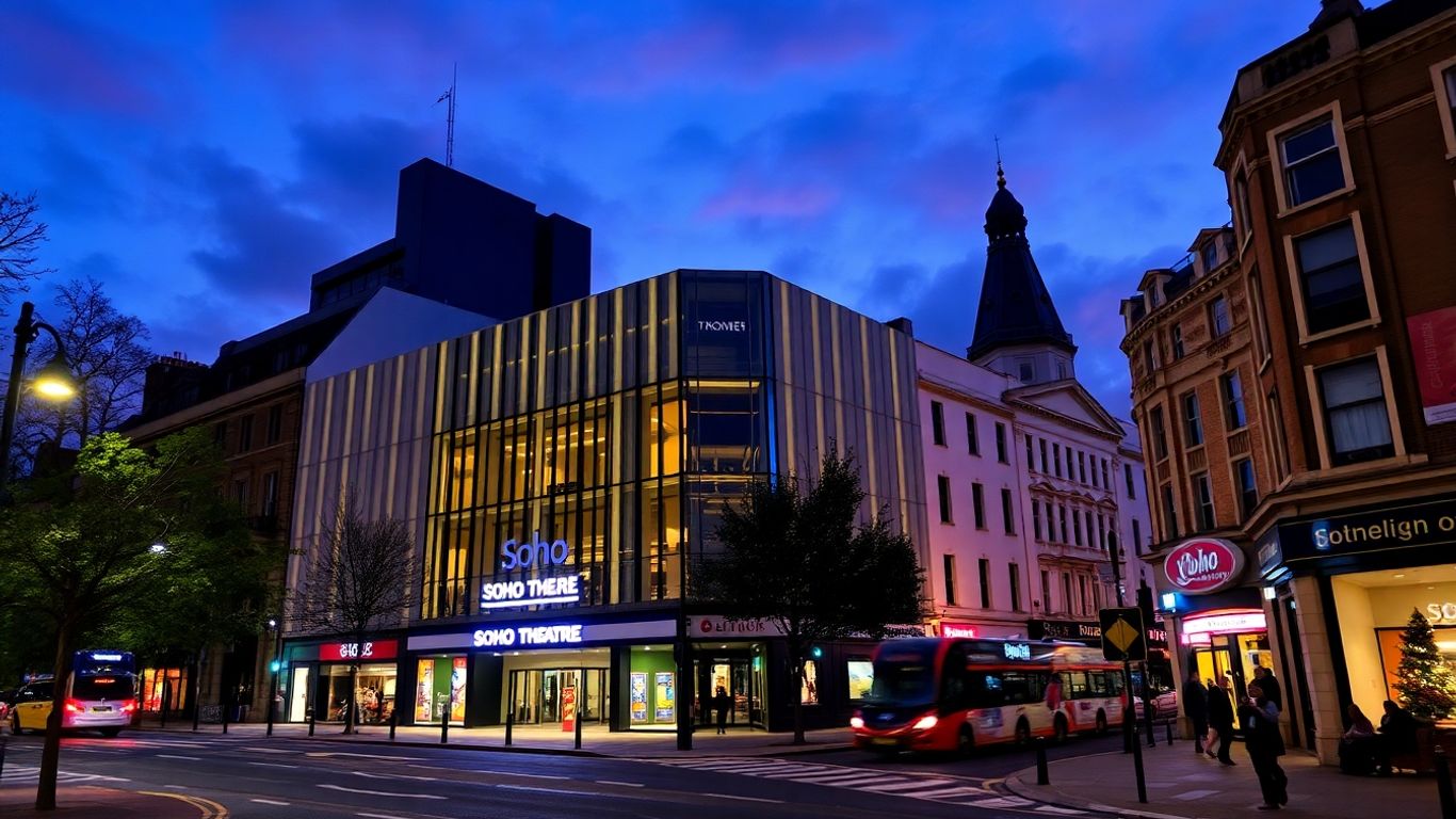 Soho Theatre Walthamstow building lit up at night