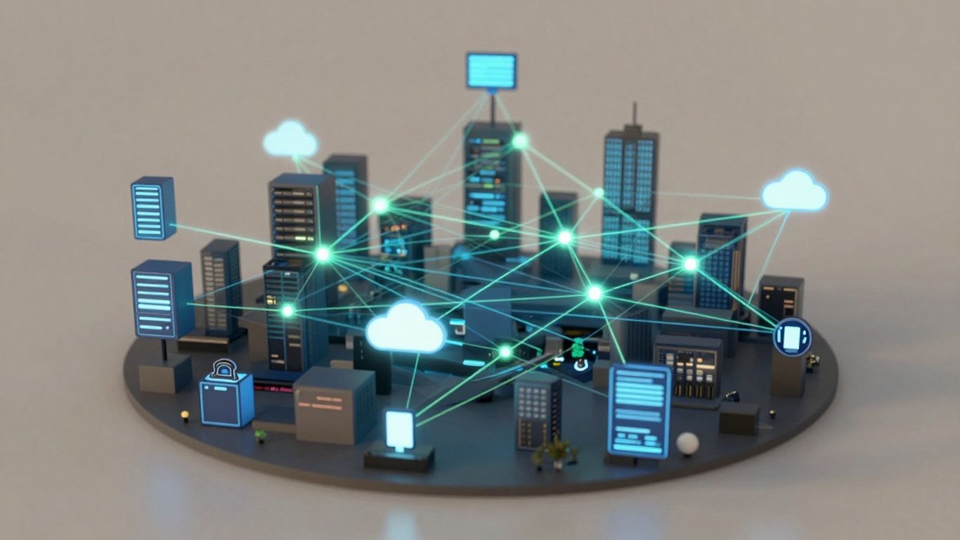 Rețea digitală conectând orașul futurist.