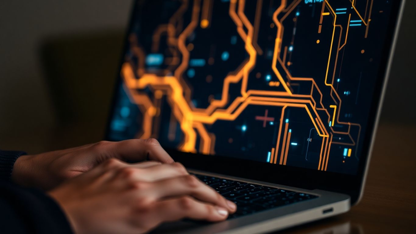 Hands typing on a laptop with abstract data on screen.