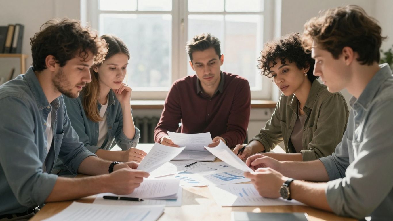 People planning insurance strategies with documents.