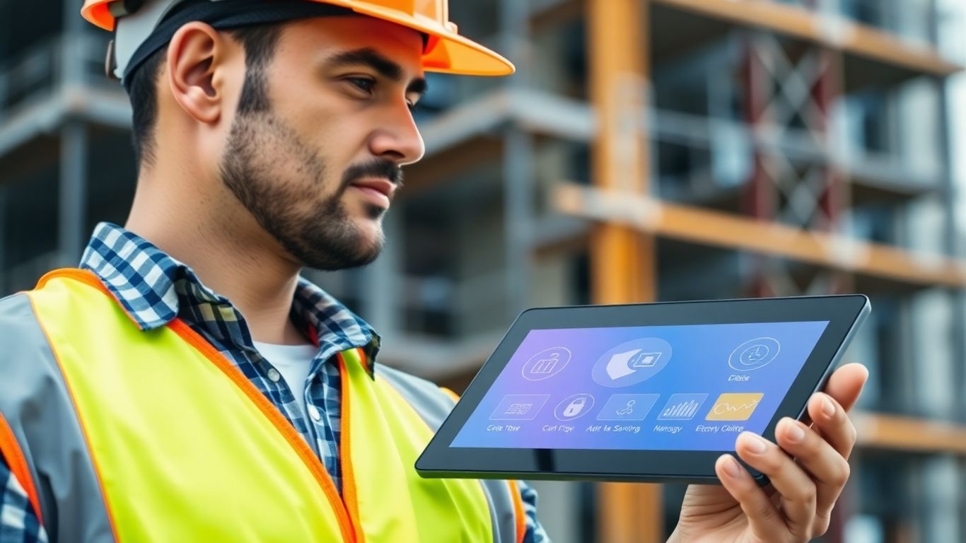Construction worker with tablet, digital security icons.