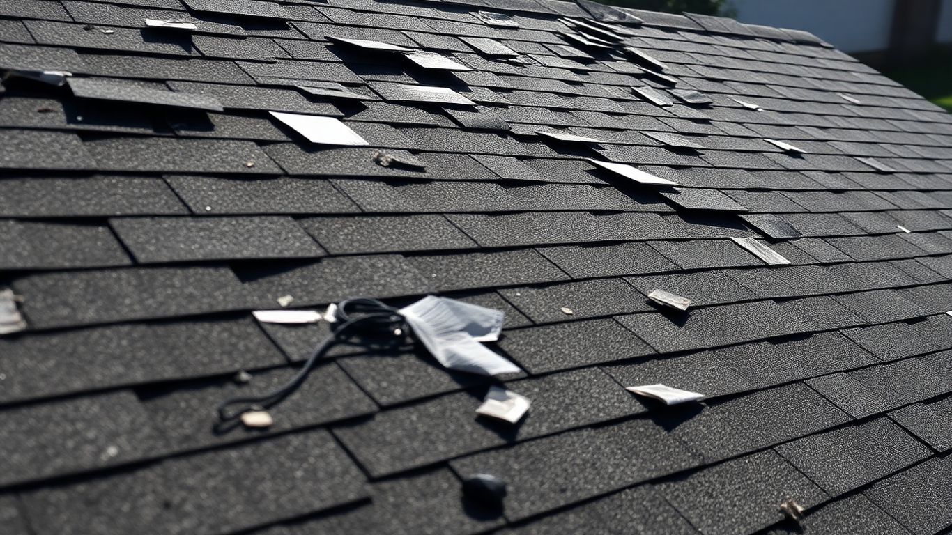 Damaged roof with missing shingles and debris after a storm.