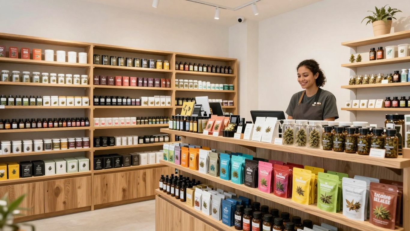 Interior of a modern cannabis dispensary with products on shelves.