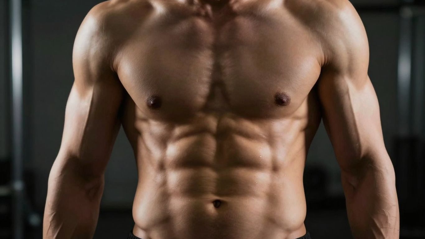 Lean muscular physique with defined abs, dramatic lighting.