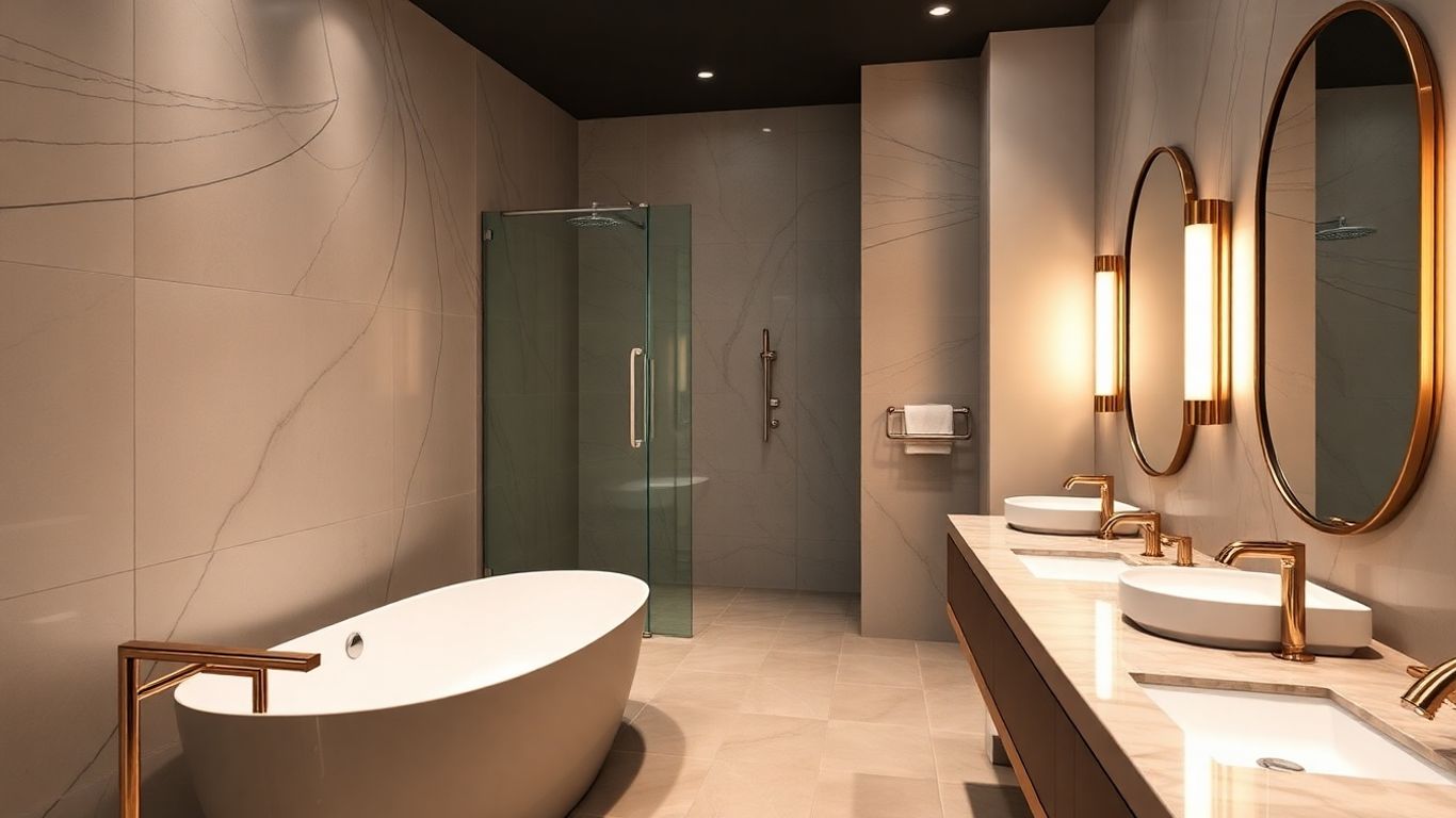 Modern bathroom with elegant fixtures and bathtub.