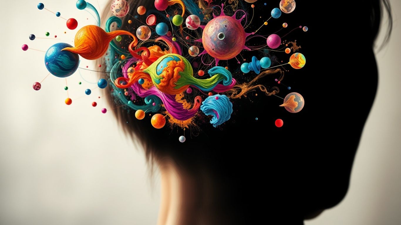 Mind with colourful thoughts and abstract shapes.