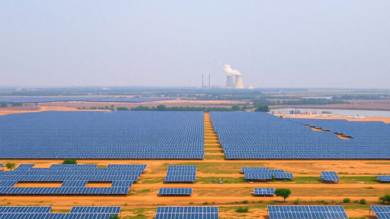 Panneaux solaires indiens face à une centrale à charbon.