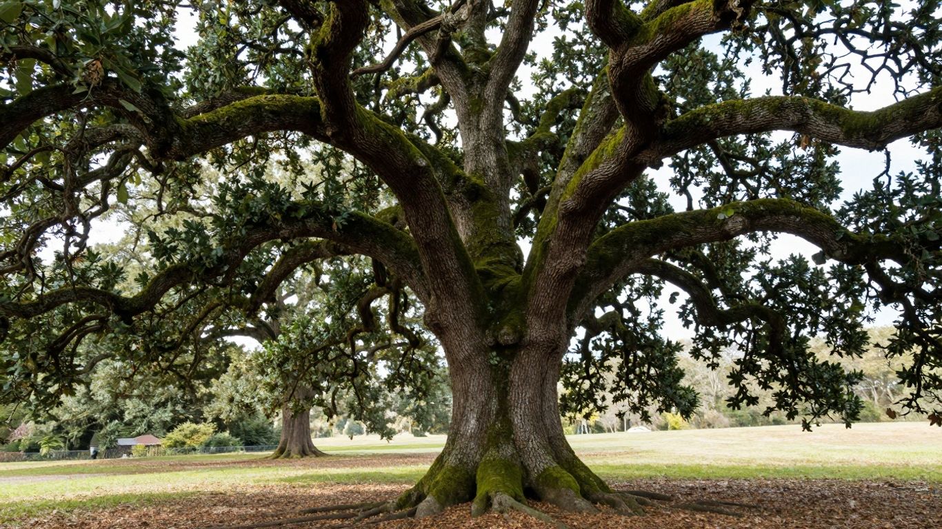 Oude eikenboom met knoestige takken en mos.