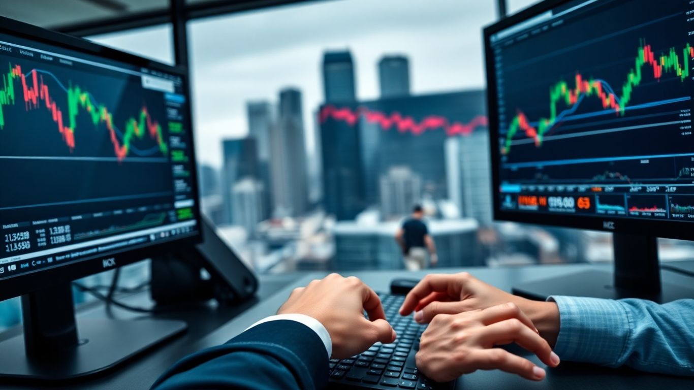 Professional trader at a desk with crypto data.