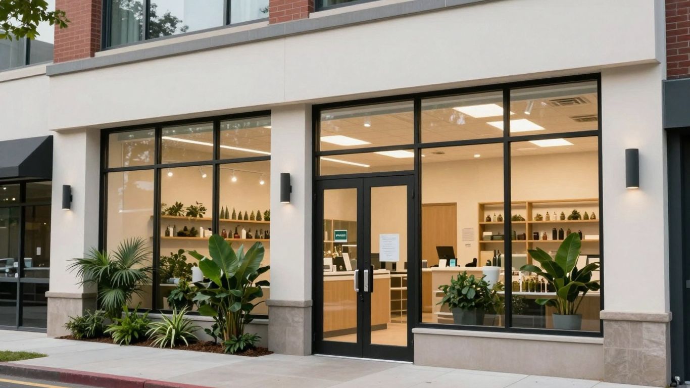 Dispensary storefront with plants and modern architecture.