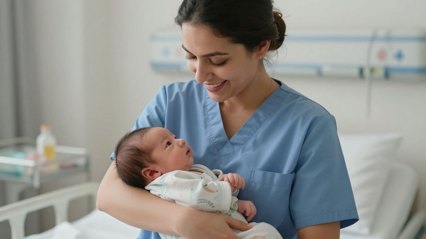 Neonatal nurse holding a newborn baby with care.
