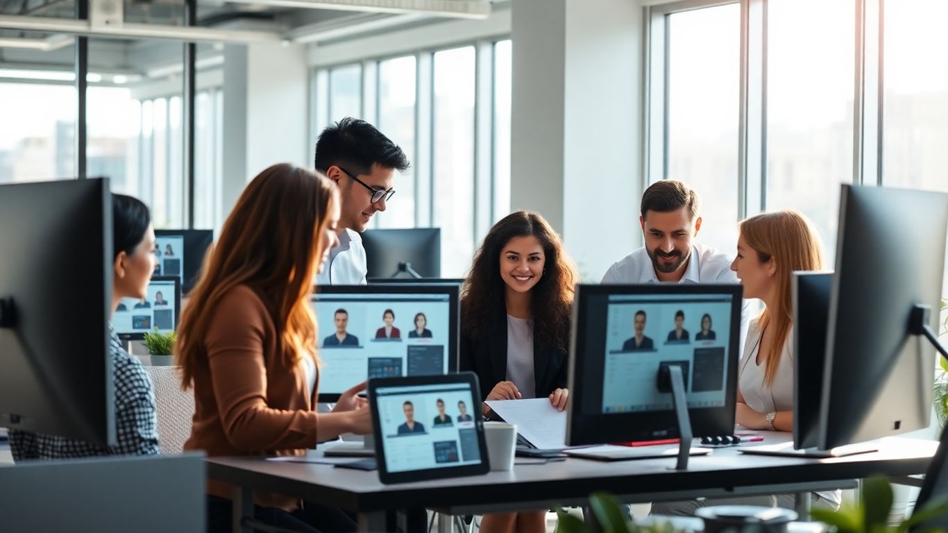Profissionais analisando perfis digitais em escritório moderno.