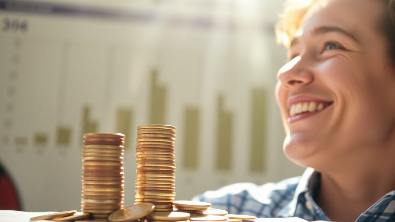 Personne heureuse regardant une pile de pièces de monnaie.