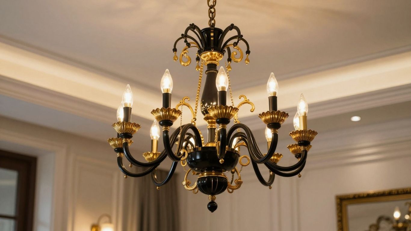 Elegant black and gold chandelier in a luxurious room.