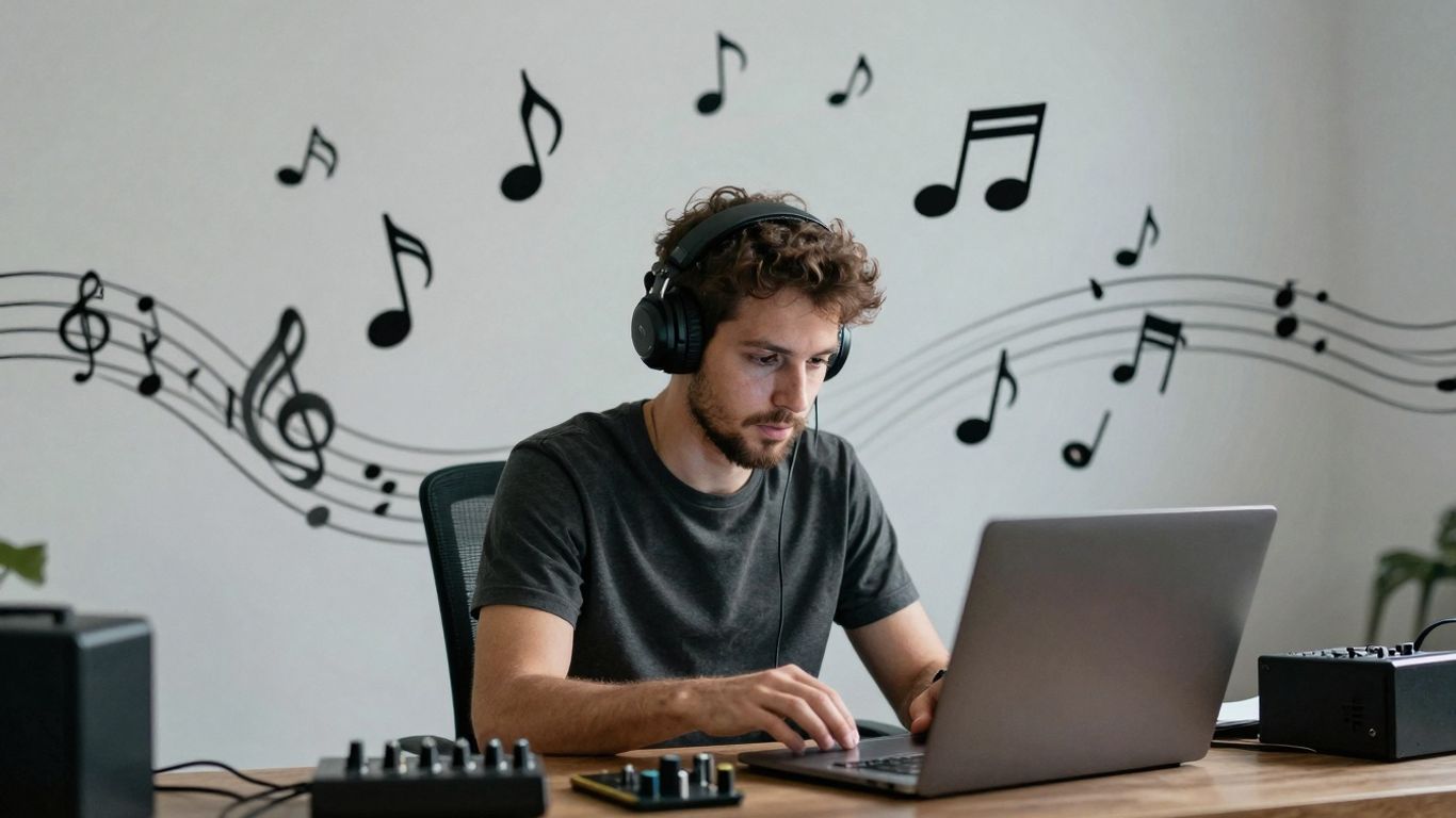 Beatmaker surrounded by musical notes and abstract shapes.