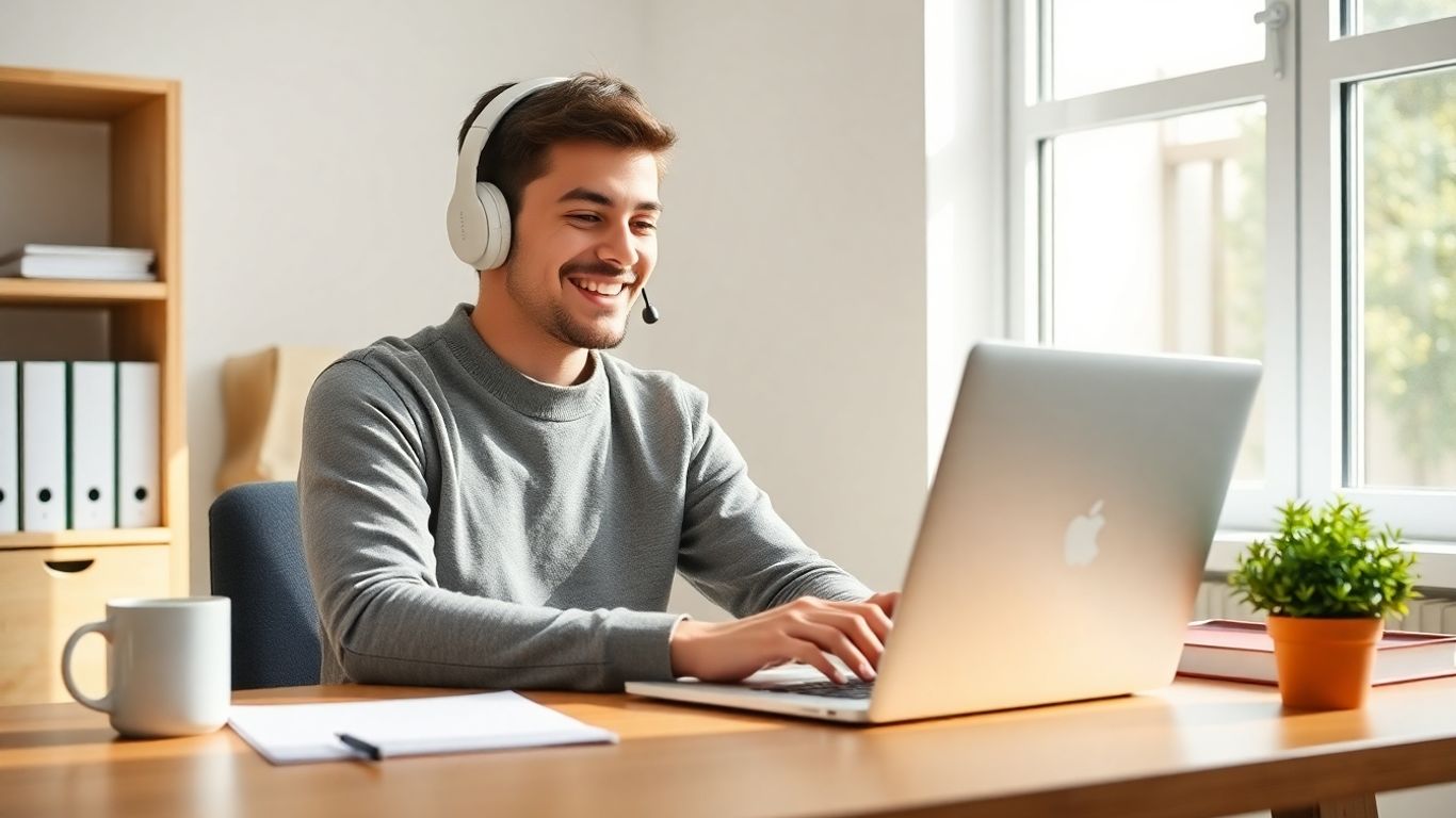 Person tutoring online with laptop and headphones