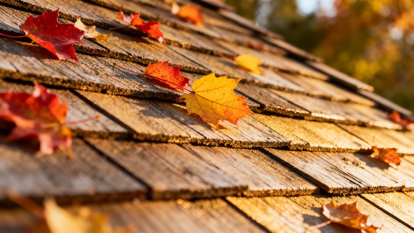 Autumn leaves on a residential roof.