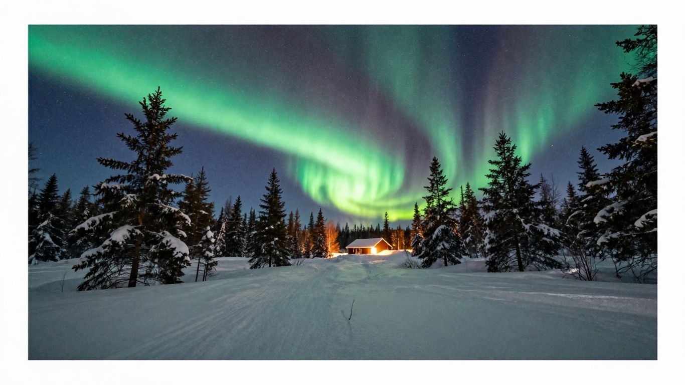 Northern Lights over snowy Lapland landscape