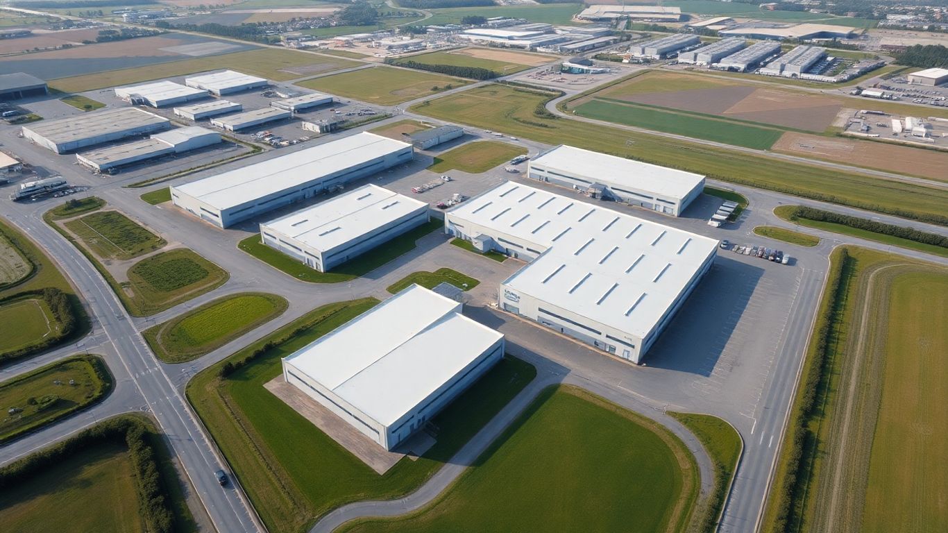 Aerial view of modern industrial estate with factories and roads.