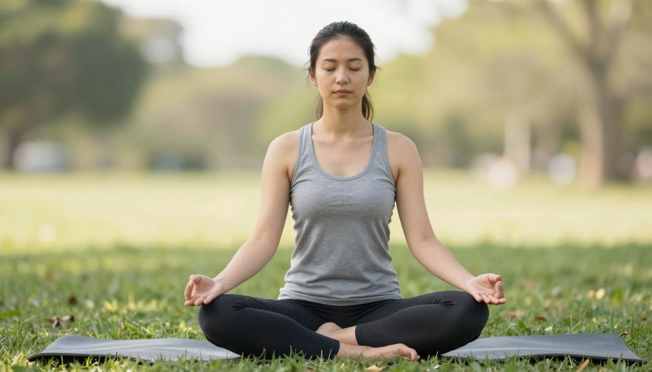 Pessoa praticando meditação ao ar livre em um ambiente tranquilo, transmitindo serenidade e equilíbrio mental