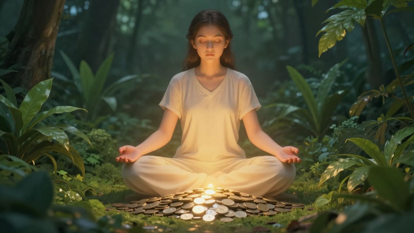 Espiritualidade e dinheiro: luz dourada tocando moedas.