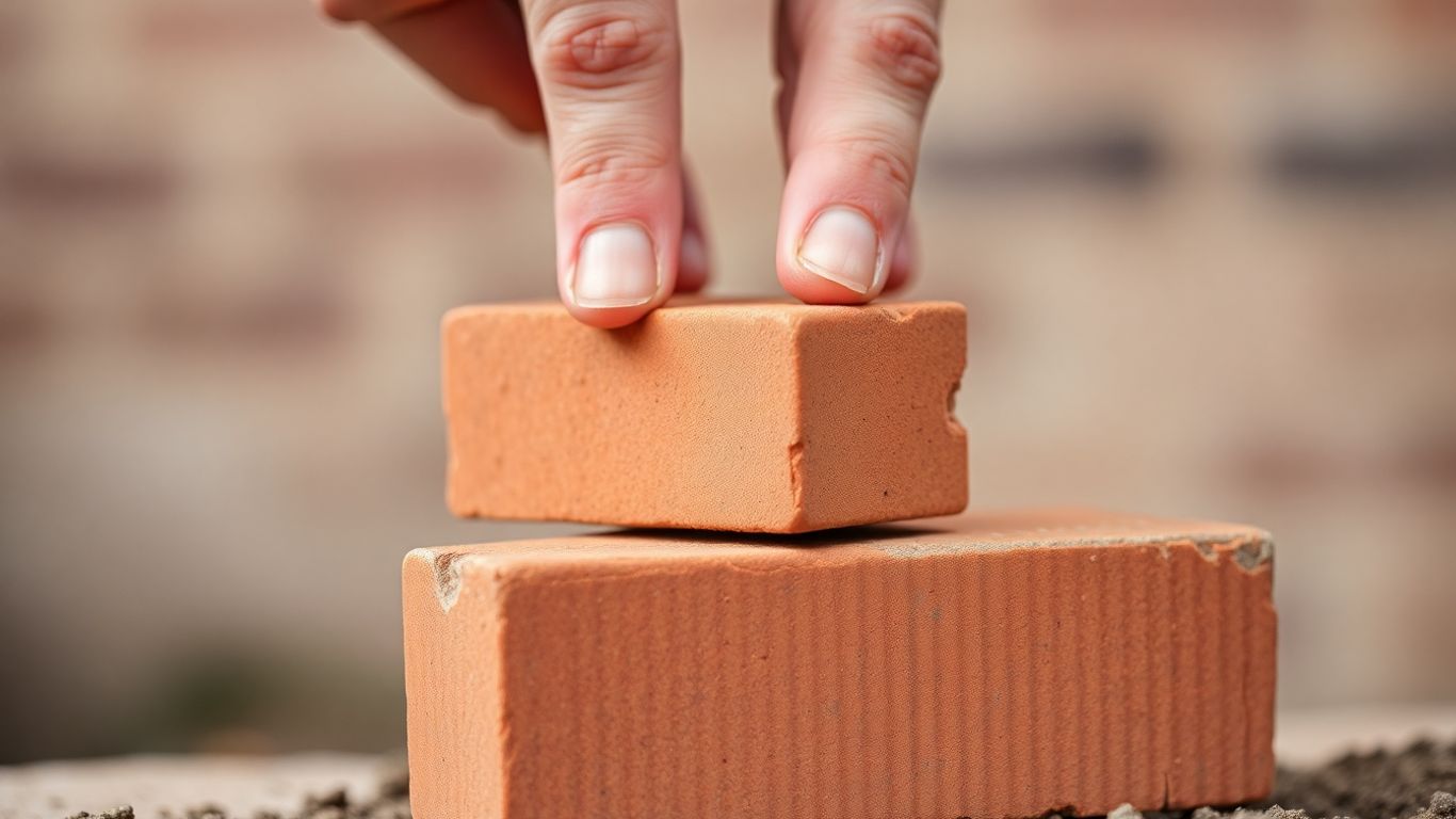 Main d'une personne plaçant une brique sur une fondation.