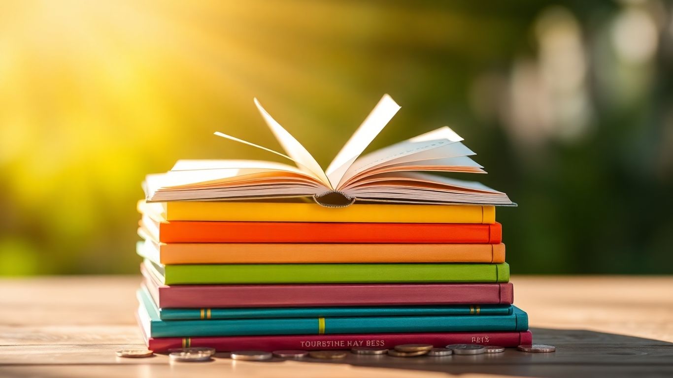 Stack of colorful beginner investing books with scattered coins.