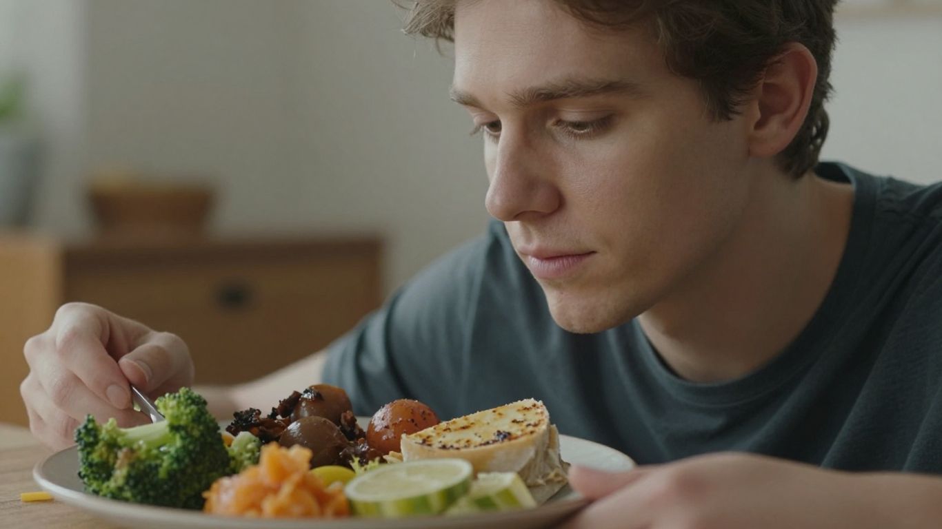 Pessoa pensativa olhando para um prato de comida variada.