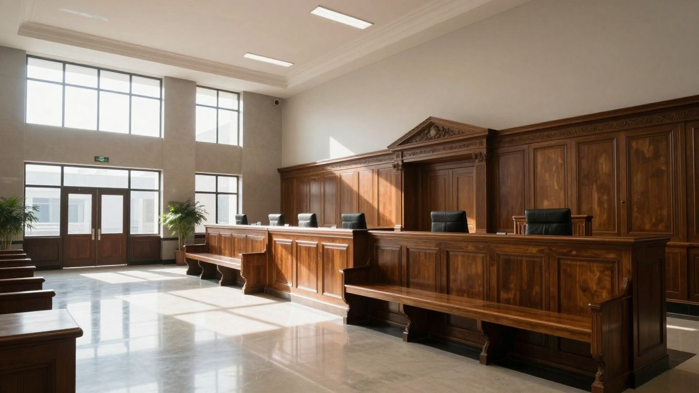 Gerichtsgebäude mit Holzbänken und hohen Decken