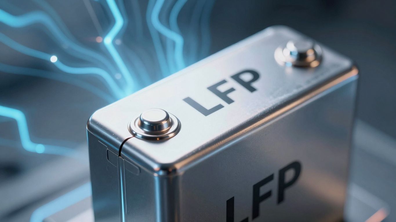 LFP battery cell with abstract energy patterns in background.