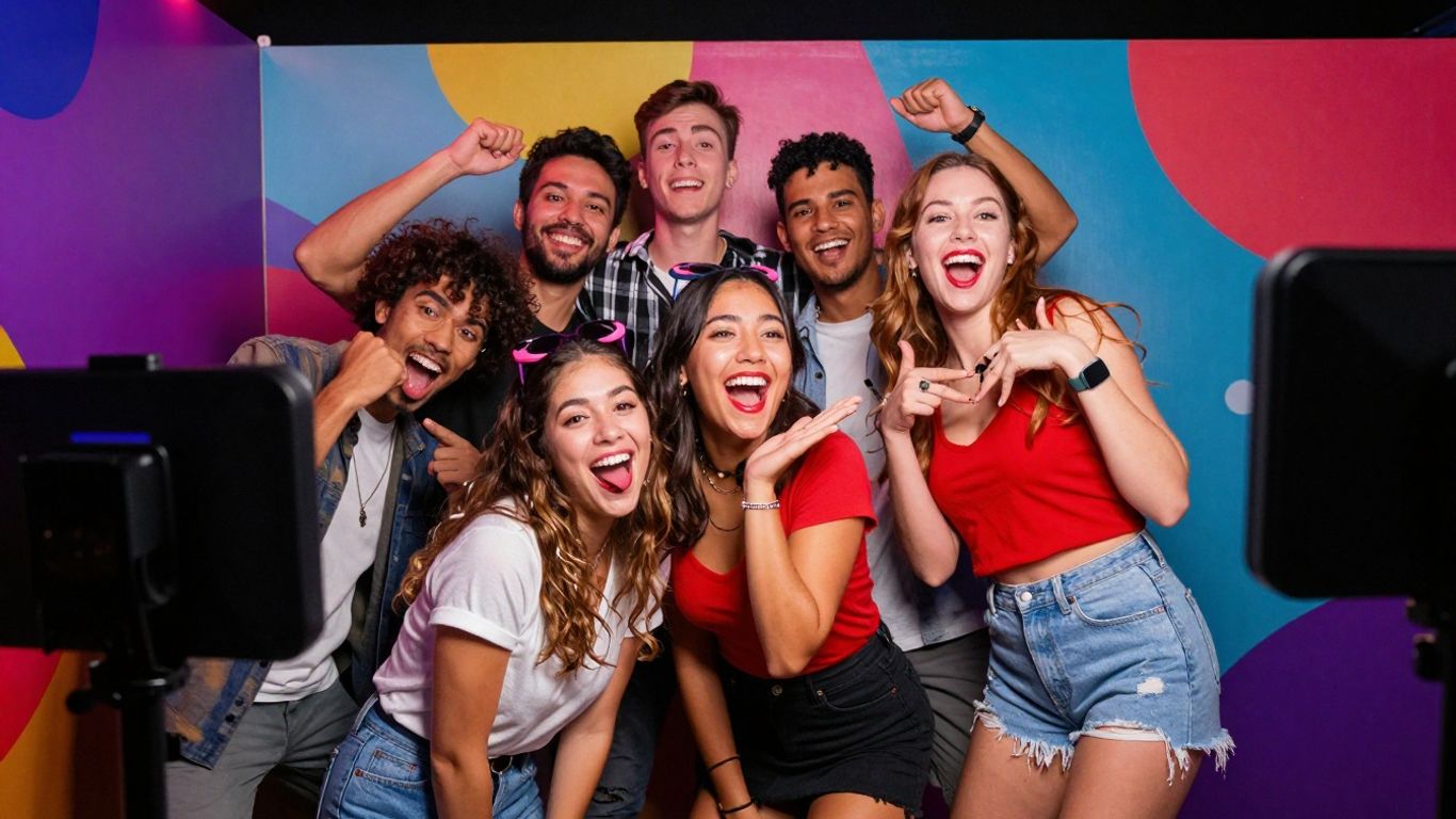 Leute lachen und machen lustige Posen in einer GIF-Box.