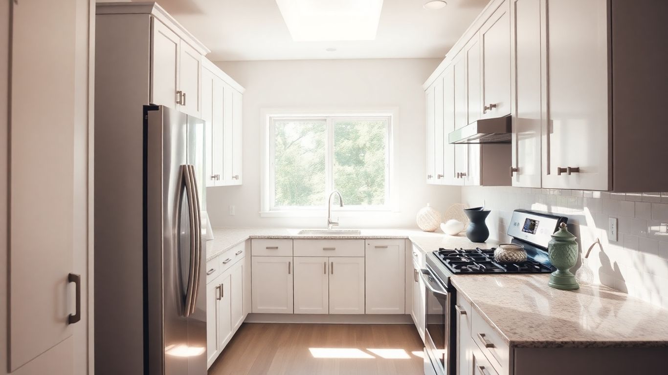 Modern kitchen remodel with sleek cabinets and appliances.
