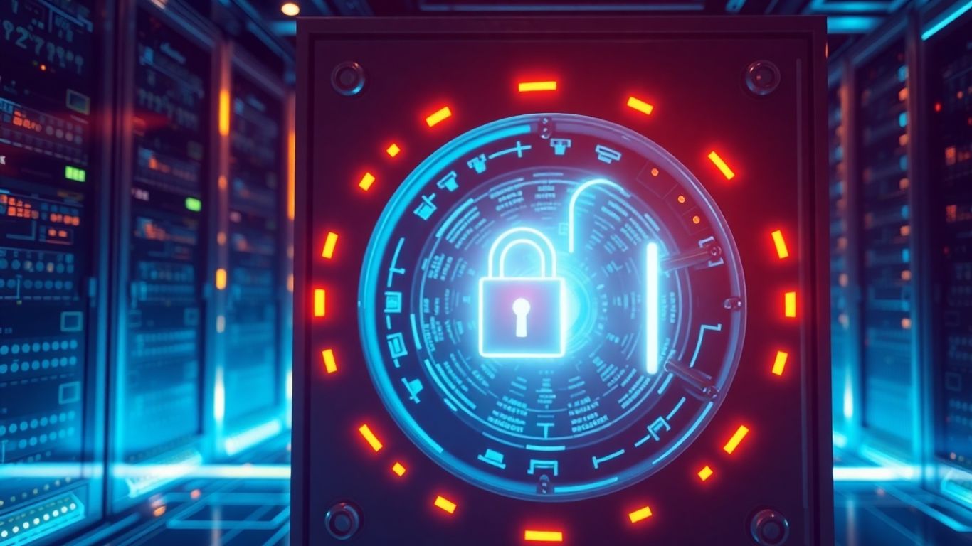 Futuristic bank vault with glowing digital circuits and light padlock.
