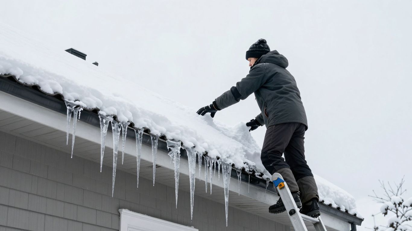 Homeowner inspecting snow-covered roof with icicles.