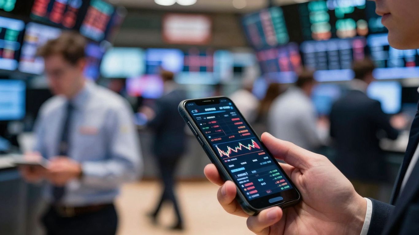Financial market activity with blurred figures and data.