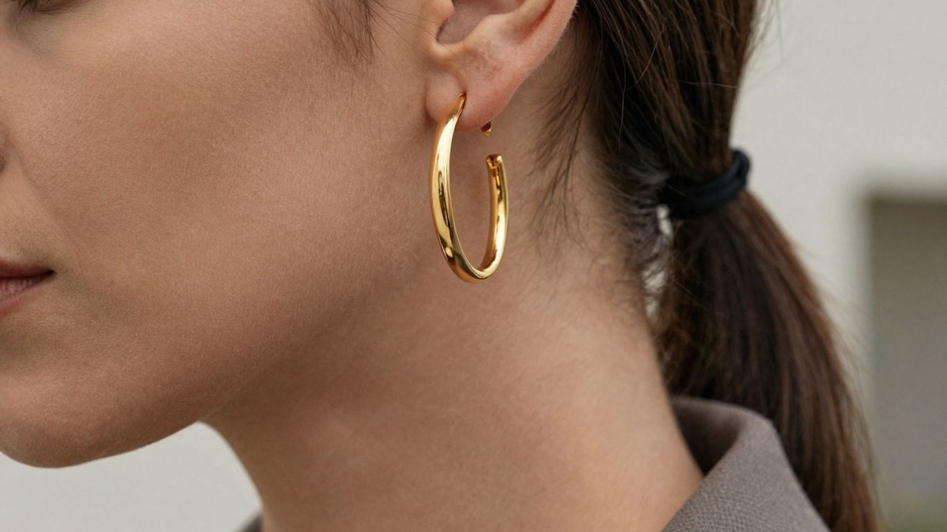 Woman wearing stylish gold hoop earrings
