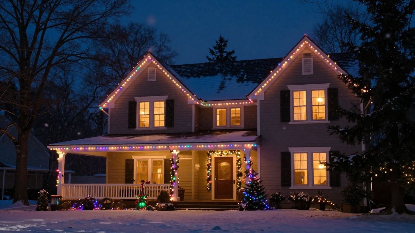 Professionally installed Christmas lights on a house exterior.