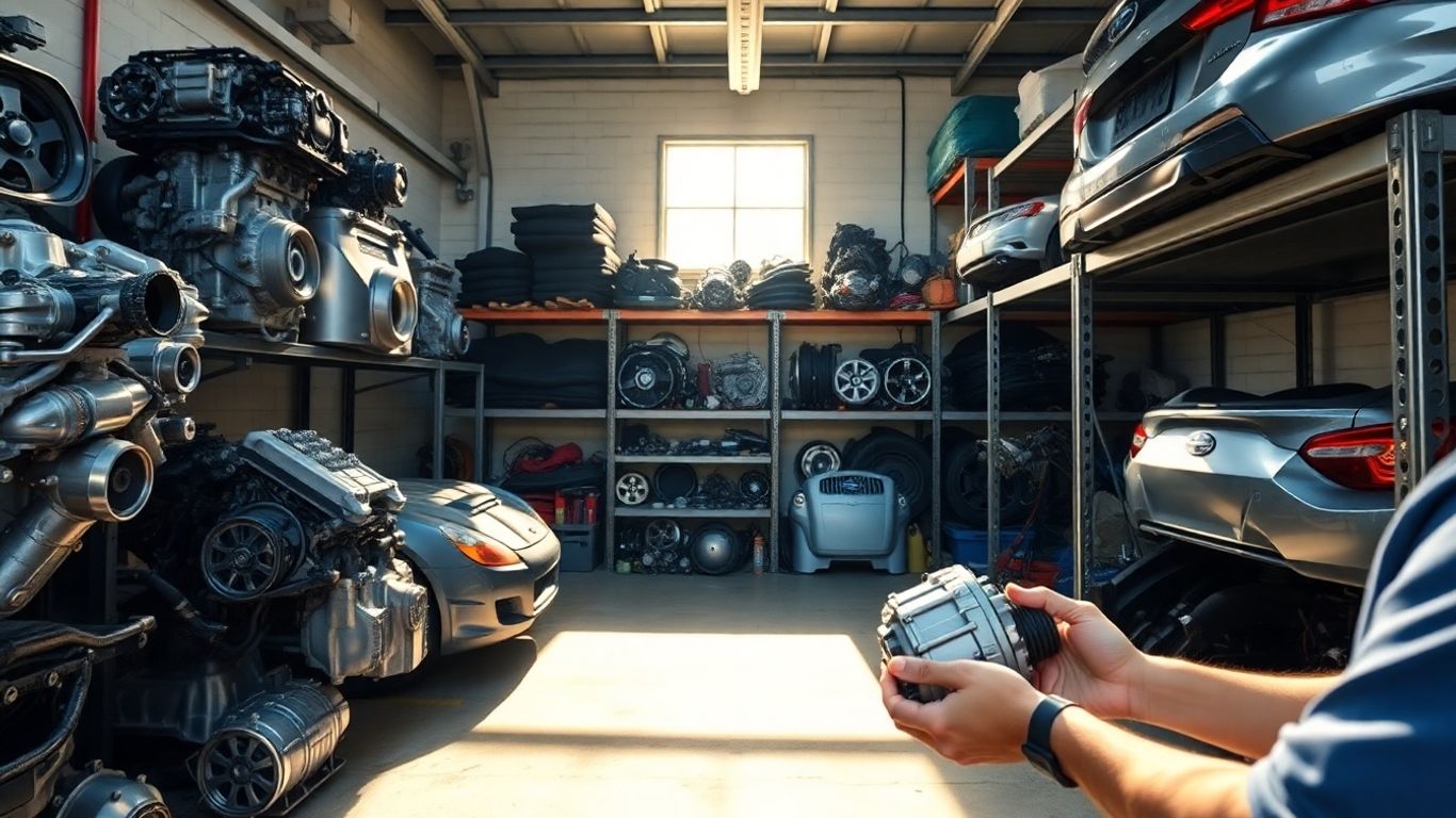 Subaru used auto parts in a garage.