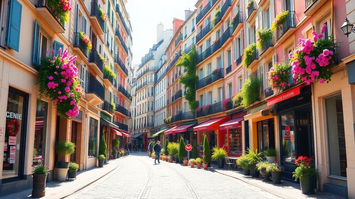 Colorful Parisian street with flowers and balconies.
