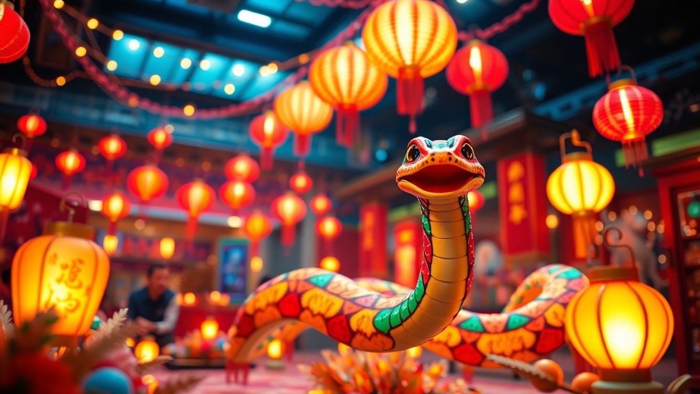 Realistic snake among digital Chinese lanterns and decorations