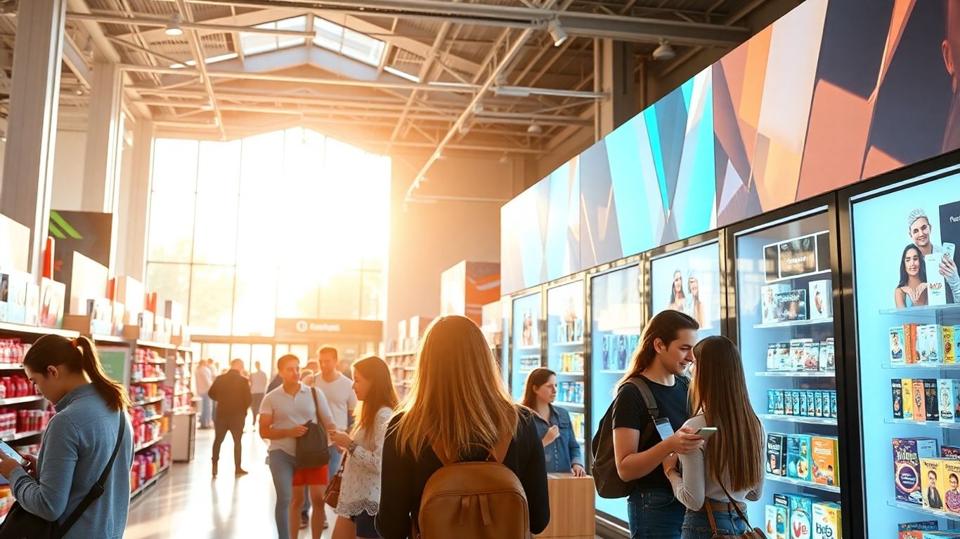 Shoppers using mobile apps in a modern retail store.
