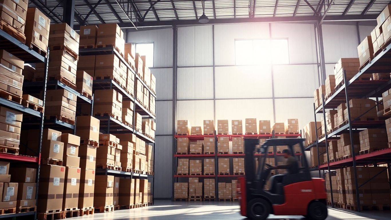Whitebox fulfillment center with organized shelves and forklift.