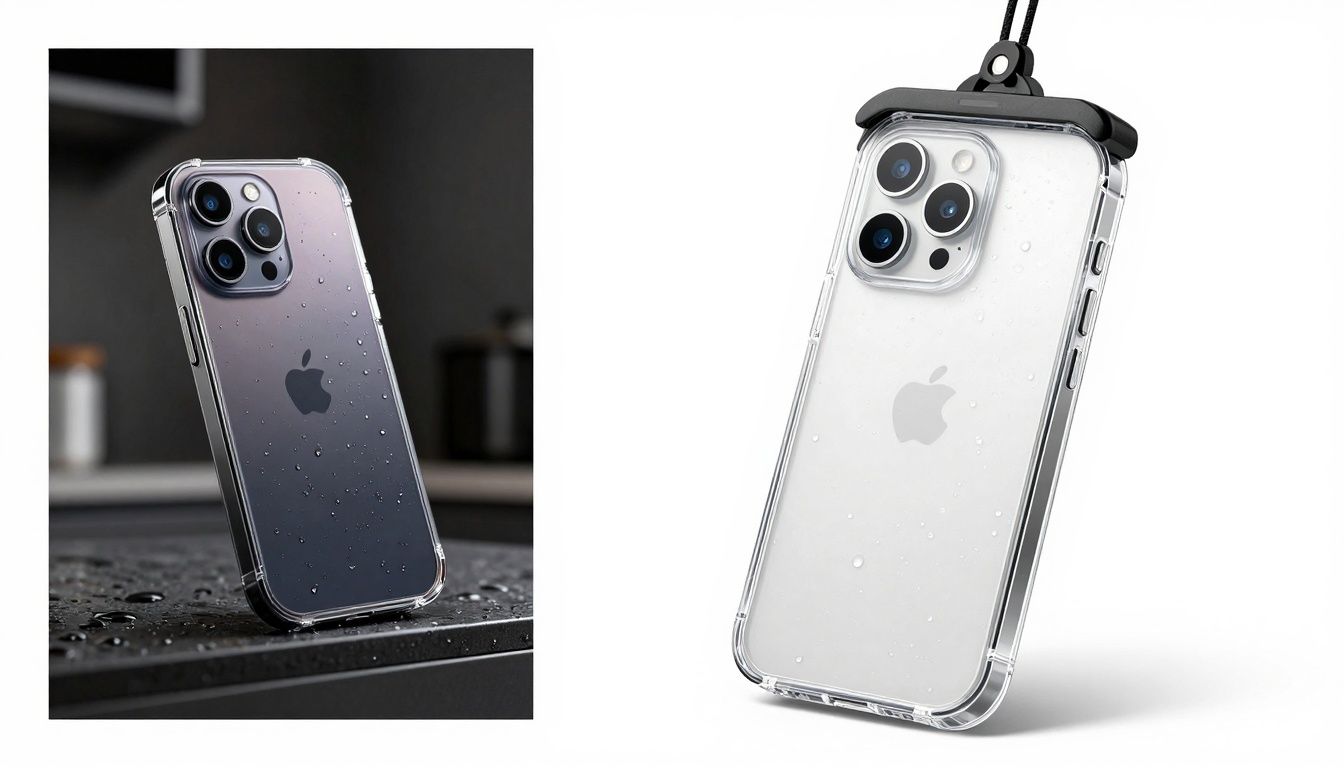 Generic smartphone encased in a transparent waterproof case resting on a kitchen counter with droplets of water around it