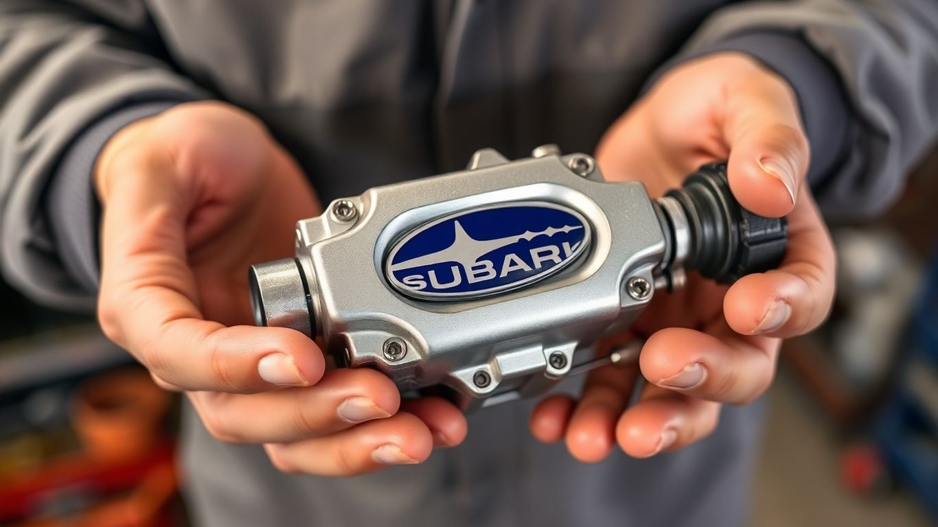 Subaru car part held by mechanic's hands