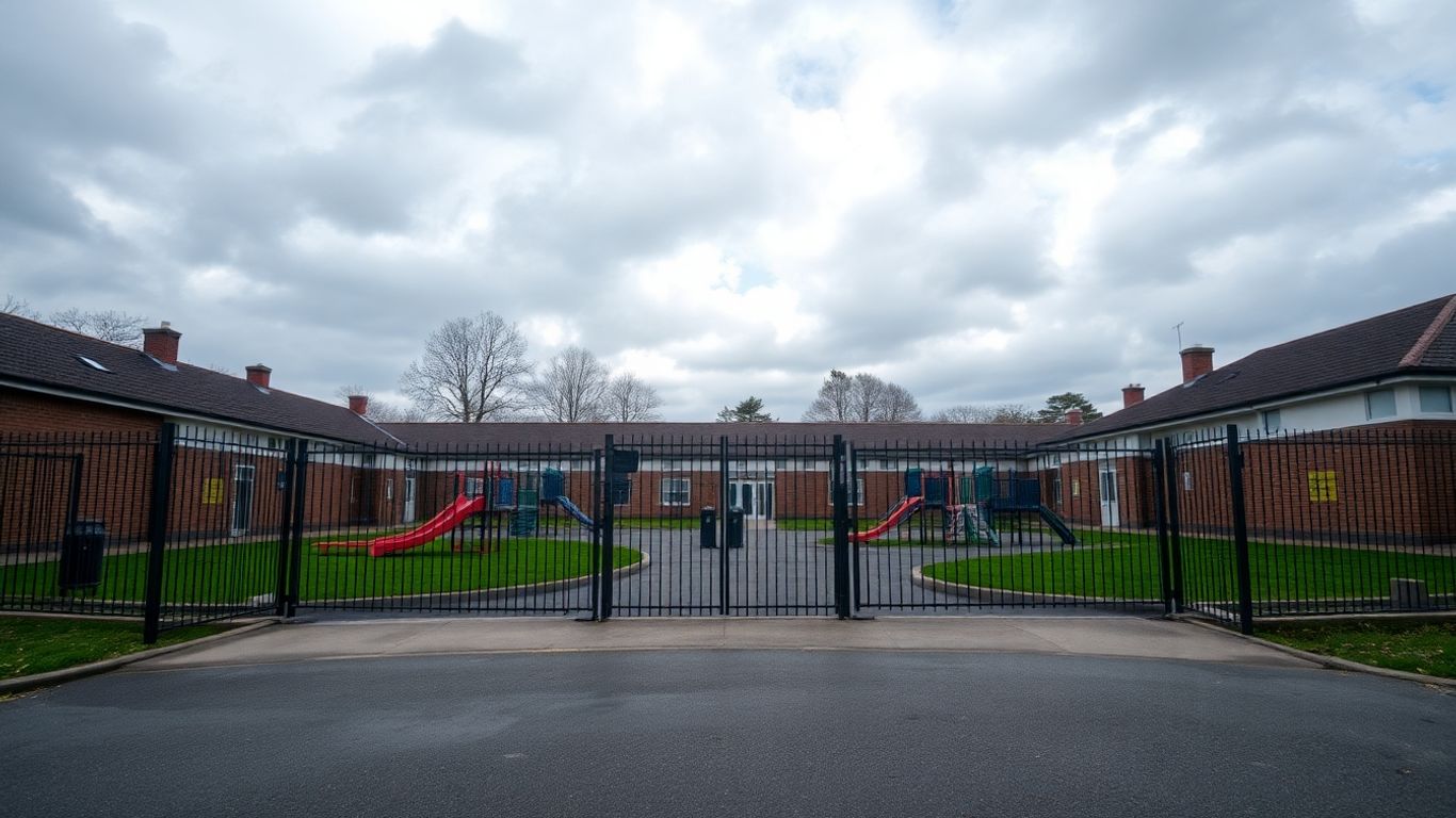 École fermée avec cour vide et portail fermé.