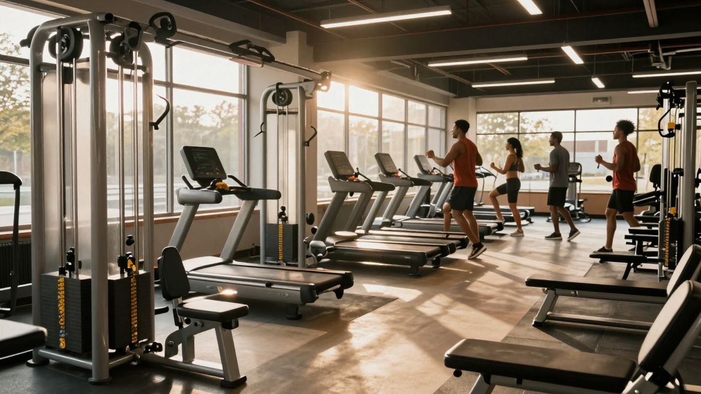 Modern gym interior with natural light and fitness equipment.