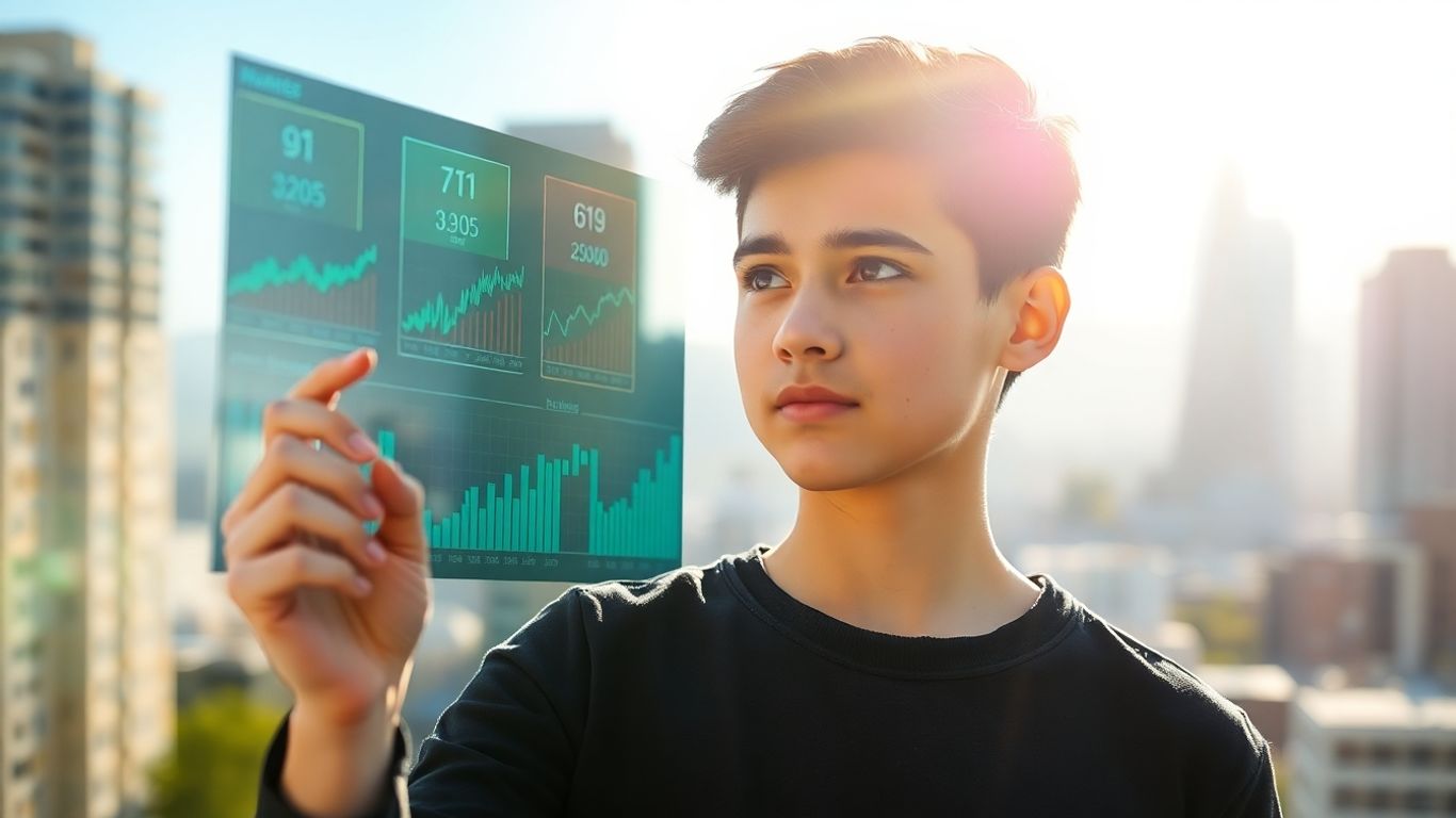 Jovem a olhar para ecrã com gráficos financeiros.